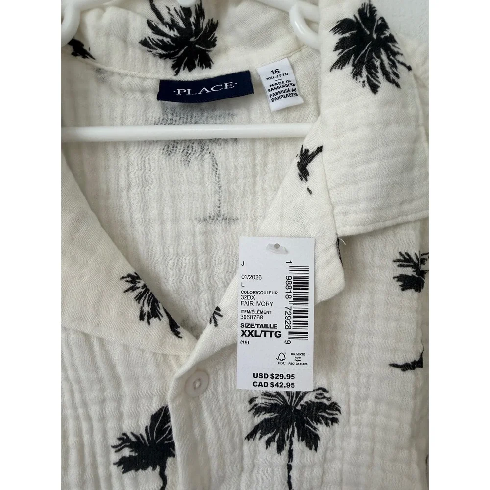 The Children's Place Boys Palm Tree Gauze Button-Up Shirt – Cream – XXL (16)